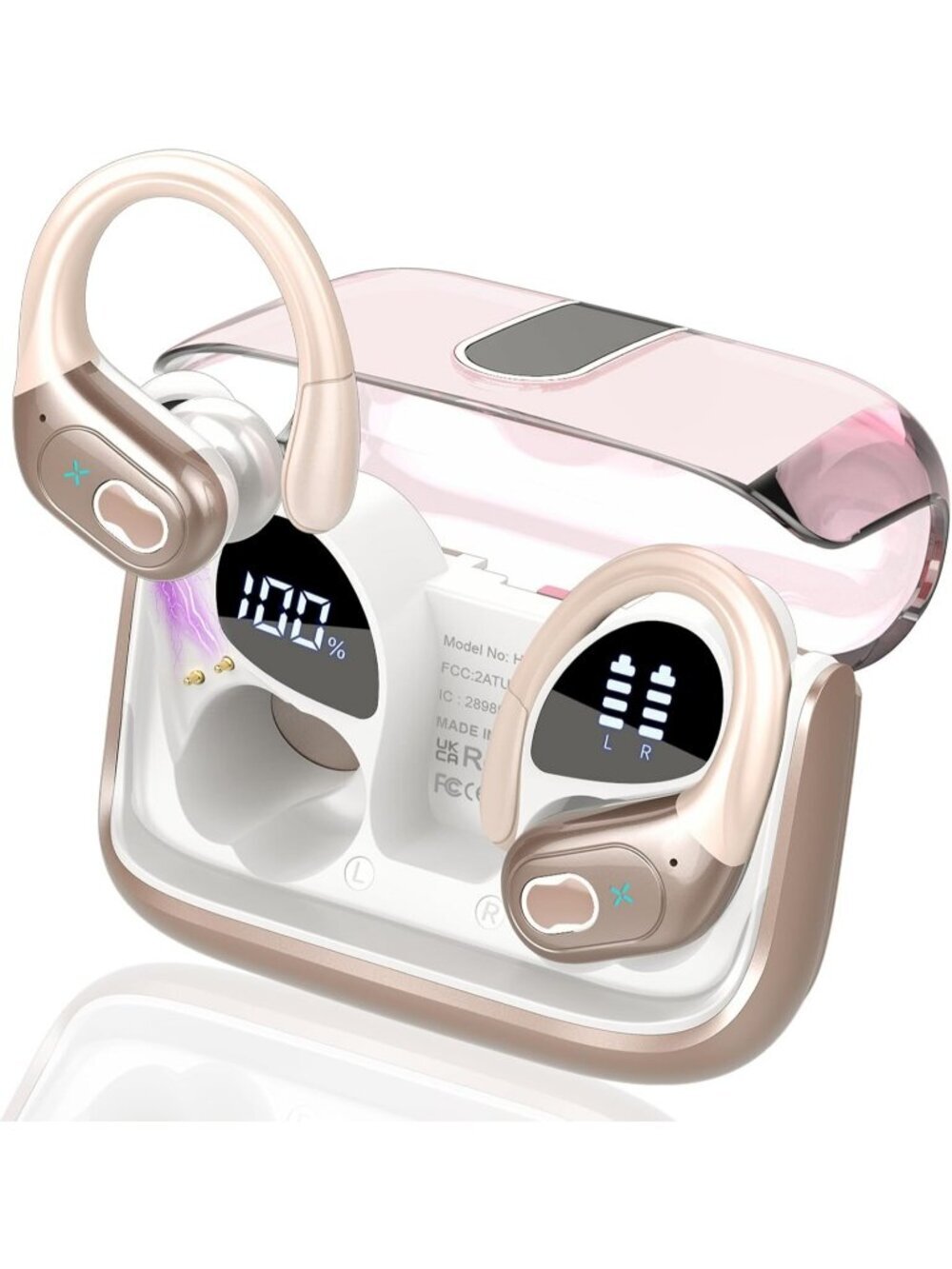 Wireless Rose Gold Earbuds 75hrs Bluetooth Stereo Deep Bass Earhooks ENC Noise